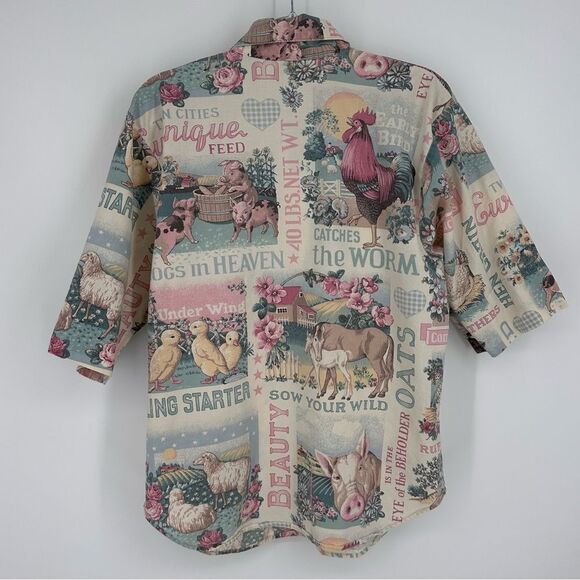 Vintage Farm Print Button Up Shirt Tan Pink Cottagecore Women’s Size Large - Picture 6 of 8